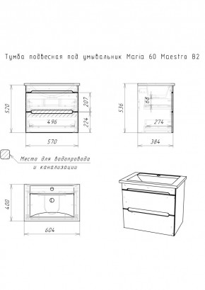 Тумба подвесная под умывальник "Maria 60" Maestro В2 Домино (DM3303T) в Ишиме - ishim.mebel24.online | фото 2